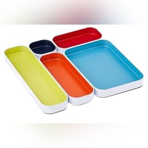 NWOT three by three shallow metal organizer bins. 5 multi color bins.